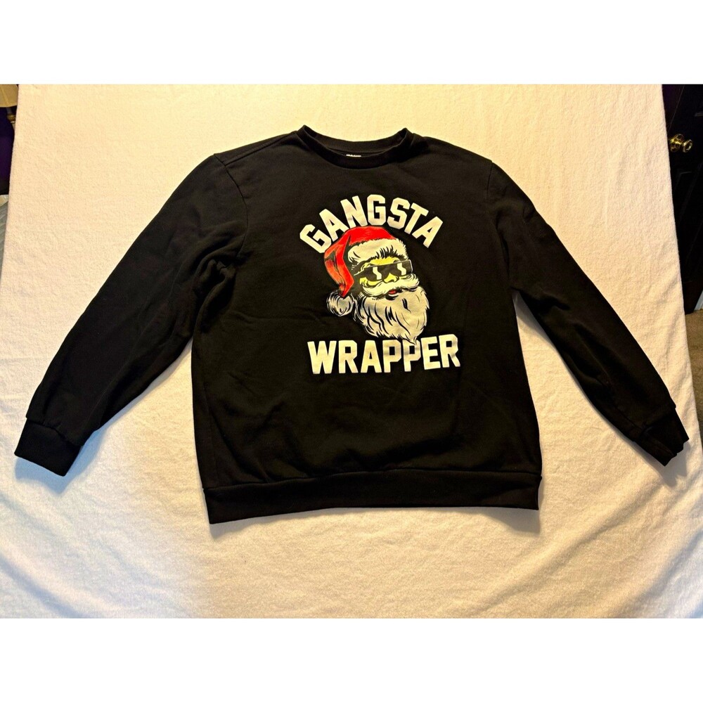 Holiday Time Black Crewneck Pullover Sweatshirt Santa Graphic Print Size L